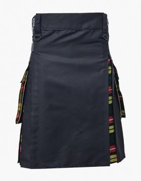 Black and Buchanan Tartan Hybrid Kilt with Leather Straps - Front Image