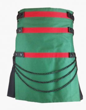 Black and Green Gothic Kilt with Red Straps- Front Image 