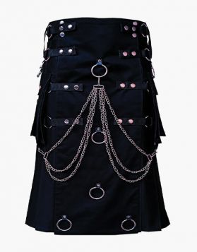 Black Fashion Utility Kilt with Decorated Apron - Front Image 