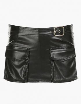 Black Mini Leather Skirt with Front Pockets