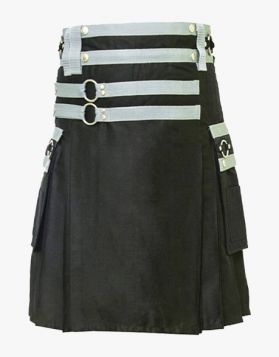 Black Utility Kilt With Stylish Flap Pockets- Front Image 