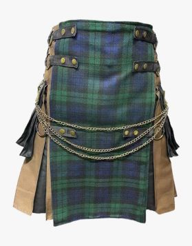 Brown & Black Gothic Hybrid Utility Kilt With Black Watch Tartan Apron