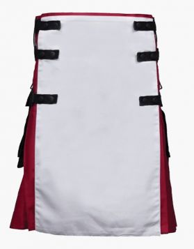 Burgundy Gothic Kilt with White Apron and Black Pockets - Front Image 