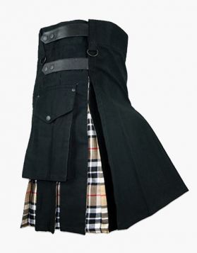 Camel Thomson tartan hybrid kilt With Leather Strap- Side Image