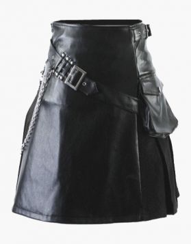 Fashion Black Leather and Cotton Hybrid Kilt with Chains