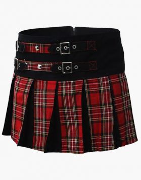 Female Black and Royal Stewart Short Pleated Hybrid Kilt - Front Image 