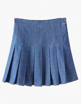 Female Blue Denim Pleated Short Kilt - Front Image 