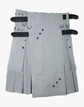 Female Scottish White and Black Hybrid Kilt with Studs - Front Image 