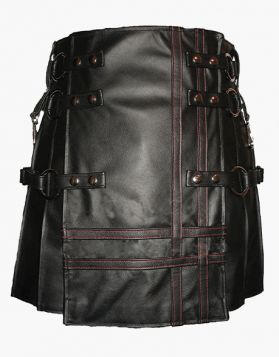 Gothic Black Leather Kilt with Detachable Apron - Front Image 