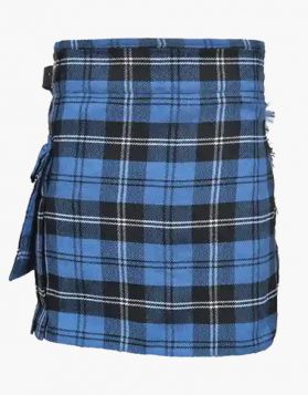 Ladies Ramsay Blue Tartan Utility Kilt with Fastening Straps - Front Image