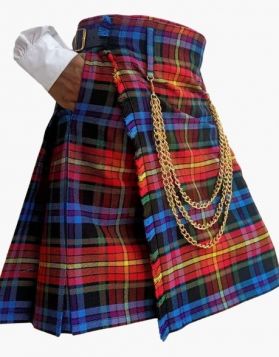 Mens Ramsay Blue Tartan Kilt with Chains - Front Image