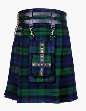  Men Black Watch Modern Utility Kilt with Detachable Pocket