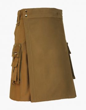  Men Gothic Khaki Utility Kilt with Decorated Pockets - Front Image 