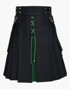  Men's Black And Green Hybrid Kilt With Detachable Pockets- Front Image 