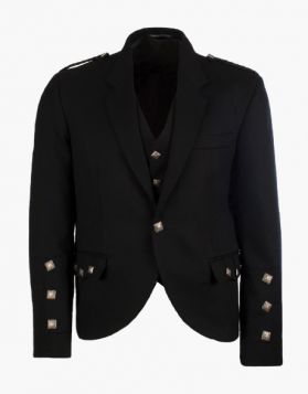 Mens Black Argyll Jacket with 5 Button Vest- Front Image