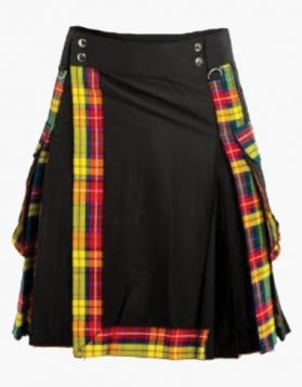 Men's Black Hybrid Utility Kilt With Tartan Pleats- Front Image