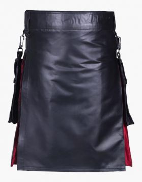 Mens Black Leather Kilt with Rainbow Cotton Pleats - Front Image