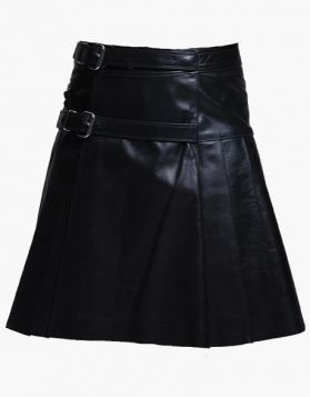 Mens Black Leather Kilt with Zip Pocket - Front Image