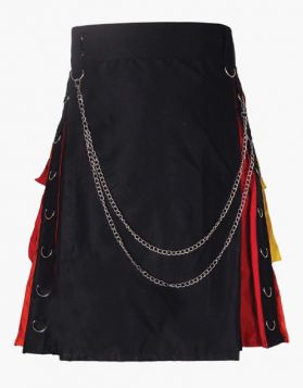 Men's Black Rainbow Hybrid Kilt with Chains and Stylish Pockets- Front Image