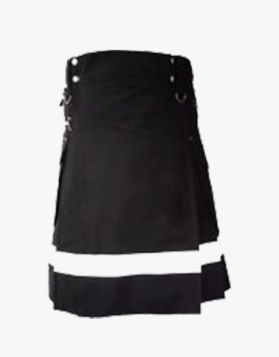 Mens Black Utility Kilt with White Strap and Cargo Pockets - Front Image 