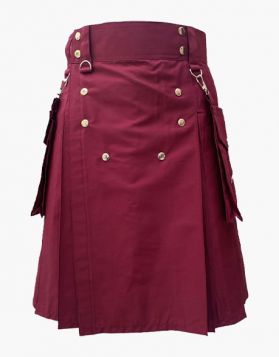 Men's Burgundy Utility Kilt With Detachable Pockets- Front Image