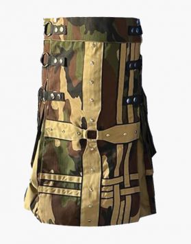 Mens Gothic Woodland Camo with Khaki Hybrid Kilt -Front Image