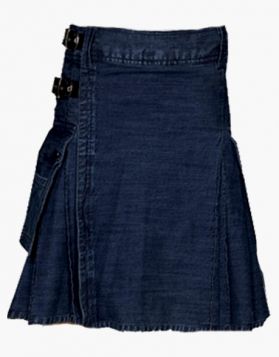 Mens Indigo Denim Kilt with Buckle Straps