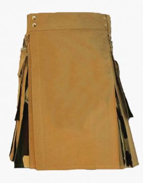 Mens Khaki and Woodland Hybrid Kilt- Front Image