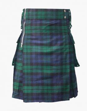 Mens Modern Black Watch Tartan Utility Kilt with Zip Closure