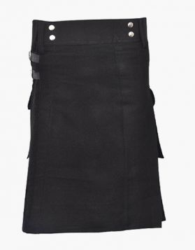 Mens Plain Black Tartan Utility Kilt - Front Image