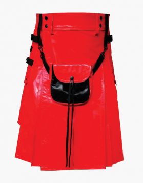 Mens Red Leather Kilt with Black Leathers Straps - Front Image 