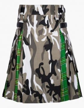 Mens Urban Camo and Irish Green Tartan Hybrid Kilt - Front Image 