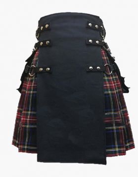 Modern Black and Black Stewart Tartan Hybrid Kilt  - Front Image 