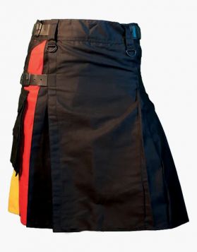 Modern Black and German Hybrid Kilt with Leather Straps - Front Image