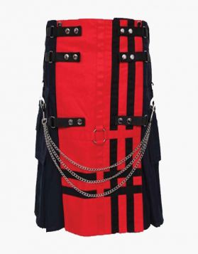 Modern Black and Red Two-Tone Gothic Kilt with Chains - Front Image 