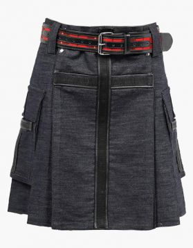 Mens Black Denim Kilt with Leather Straps - Front Image