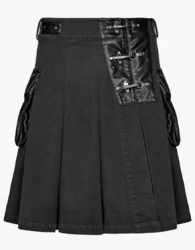 Modern Black Denim Kilt with Leather Pockets 