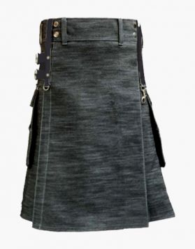 Modern Black Denim Kilt with Leather Straps 