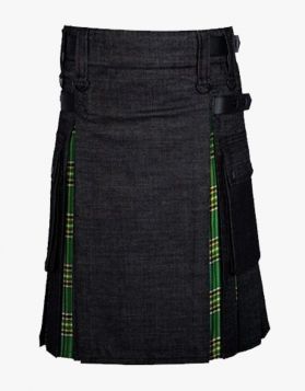 Modern Black Denim with Irish Green Tartan Hybrid Kilt