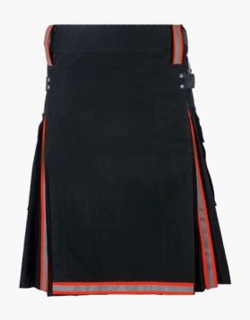 Modern Black Firefighter Kilt with Reflective Tape Pleats - Front Image 