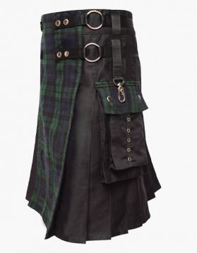 Modern Black Hybrid Kilt with Tartan Apron - Side Image 