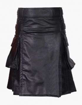 Modern Black Leather Kilt with Fastening Straps - Front Image 