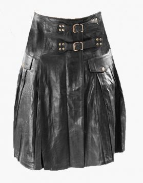 Modern Black Leather Kilt with Wide Waist