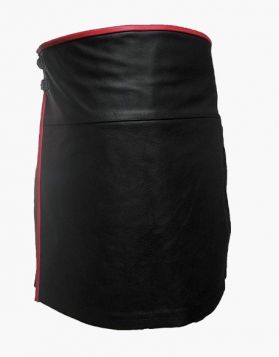 Modern Black Mens Leather Kilt with Red Piping- Front Image