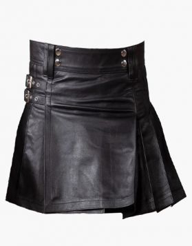 Modern Black Mini Leather Kilt - Front Image