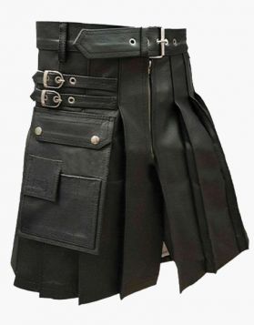 Modern Black Pleated Leather Kilt- Front Image 