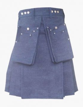 Modern Blue Denim Kilt with Multiple Pockets  - Front Image