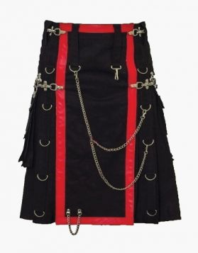 Modern Gothic Black Canvas Utility Kilt with Chains -Front Image