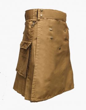 Modern Khaki Utility Kilt with Pockets  - Front Image 