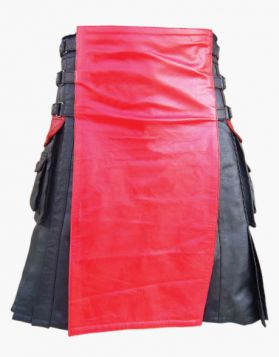 Modern Red and Black Leather Kilt with Changeable Apron - Front Image